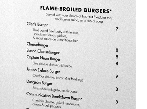 The Tin Hat menu detail - burgers