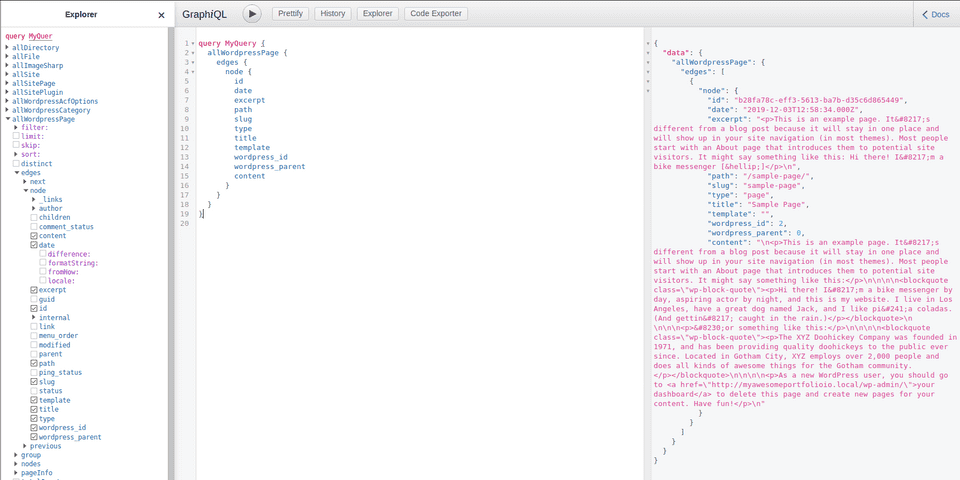 GraphiQL allWordpressPage query