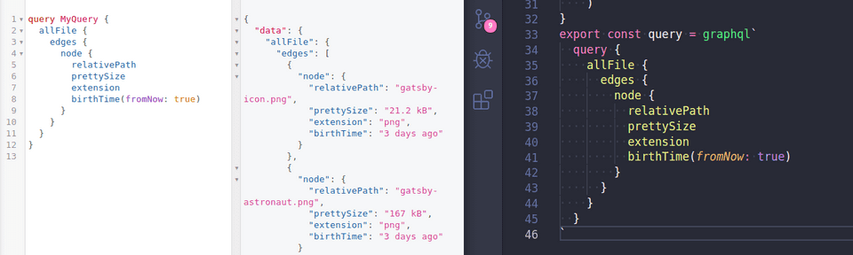 showing graphiql query side by side with query in gatsby