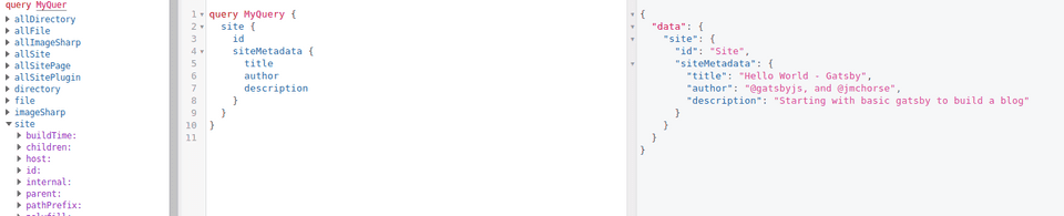 basic graphql query for site metadata, using graphiql
